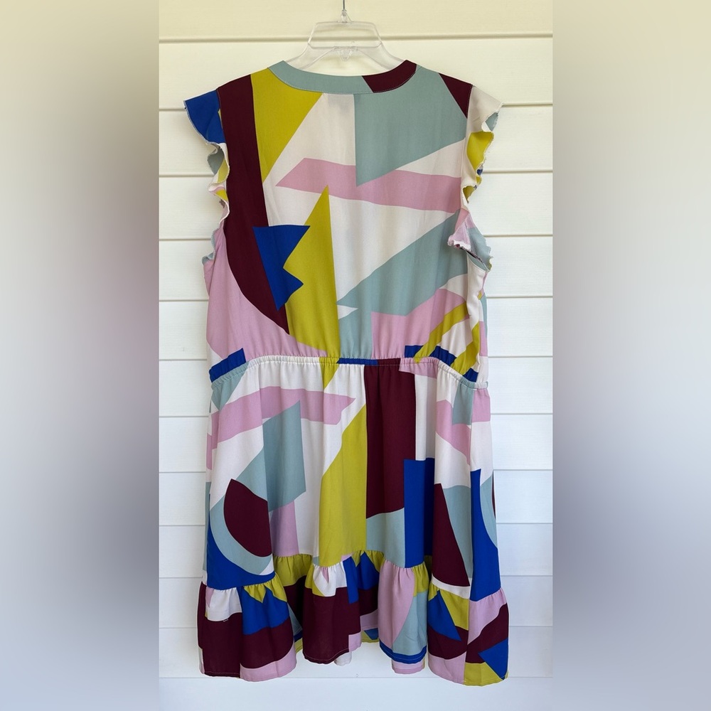 Modcloth As You Love It Blue and Yellow Abstract Ruffled Sleeve Dress Size 2X - Picture 3 of 5